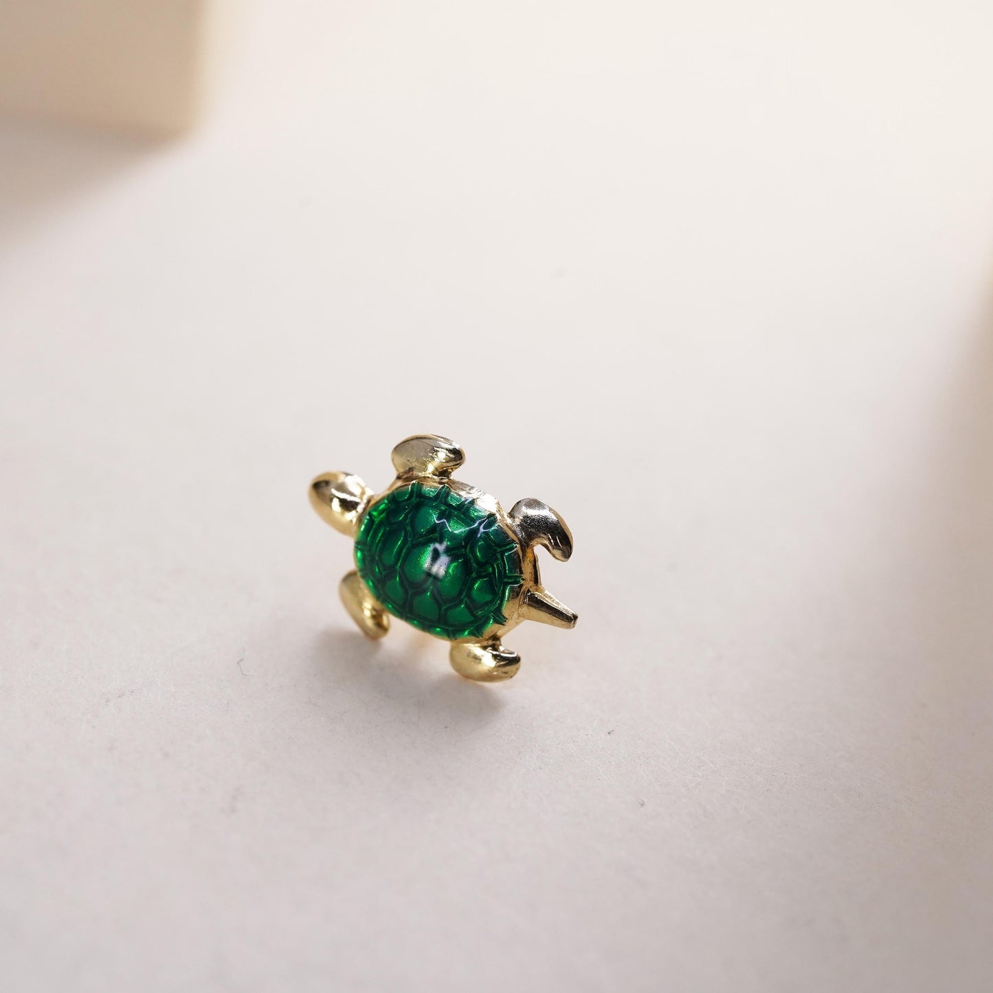 vermeil gold over single earring. Sterling 925 silver green enamel turtle stud