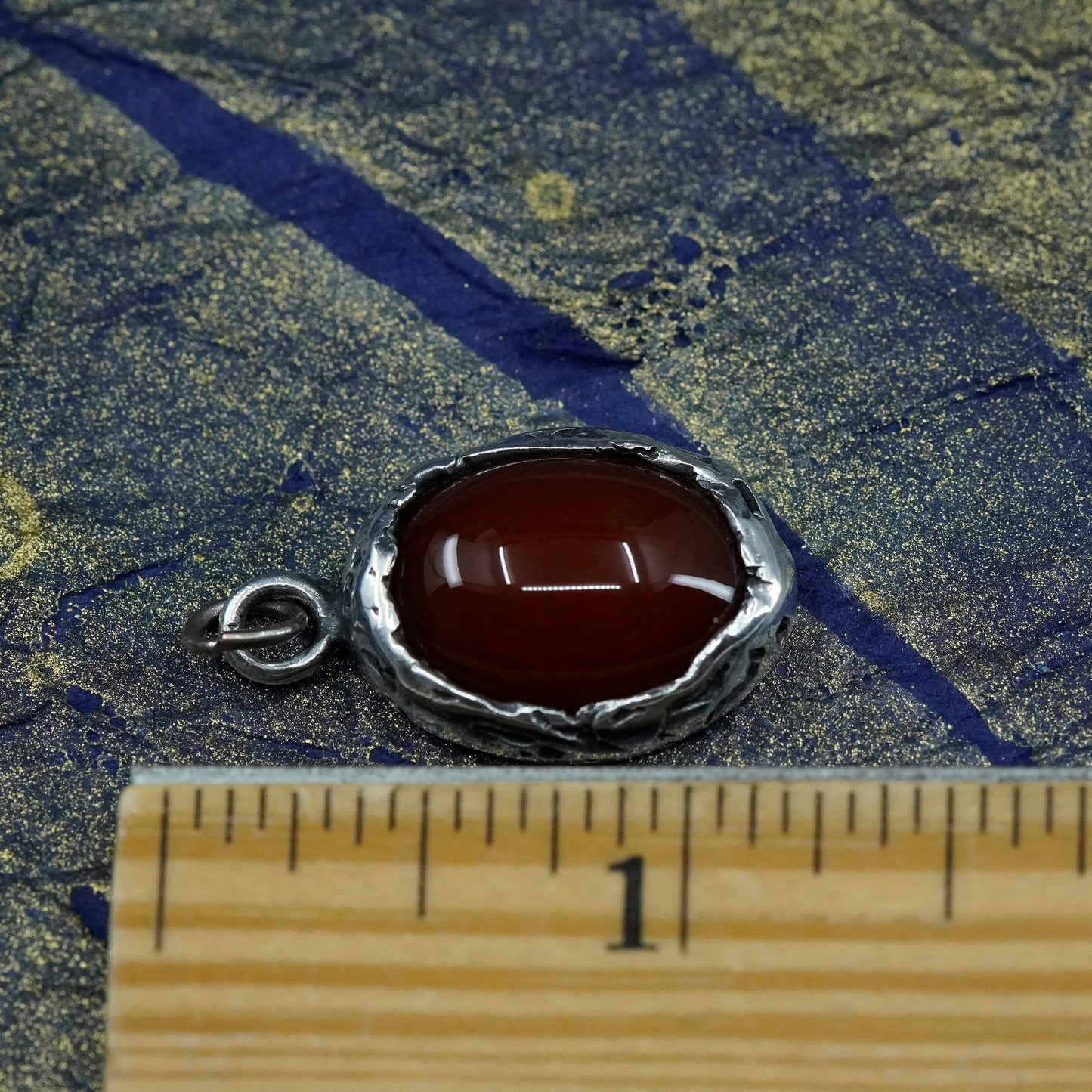 Vintage sterling silver handmade textured pendant with carnelian