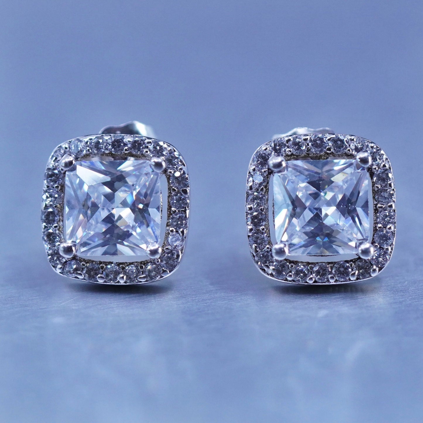 Vintage Sterling 925 silver earrings, square studs with cz inlay