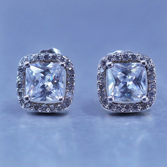 Vintage Sterling 925 silver earrings, square studs with cz inlay