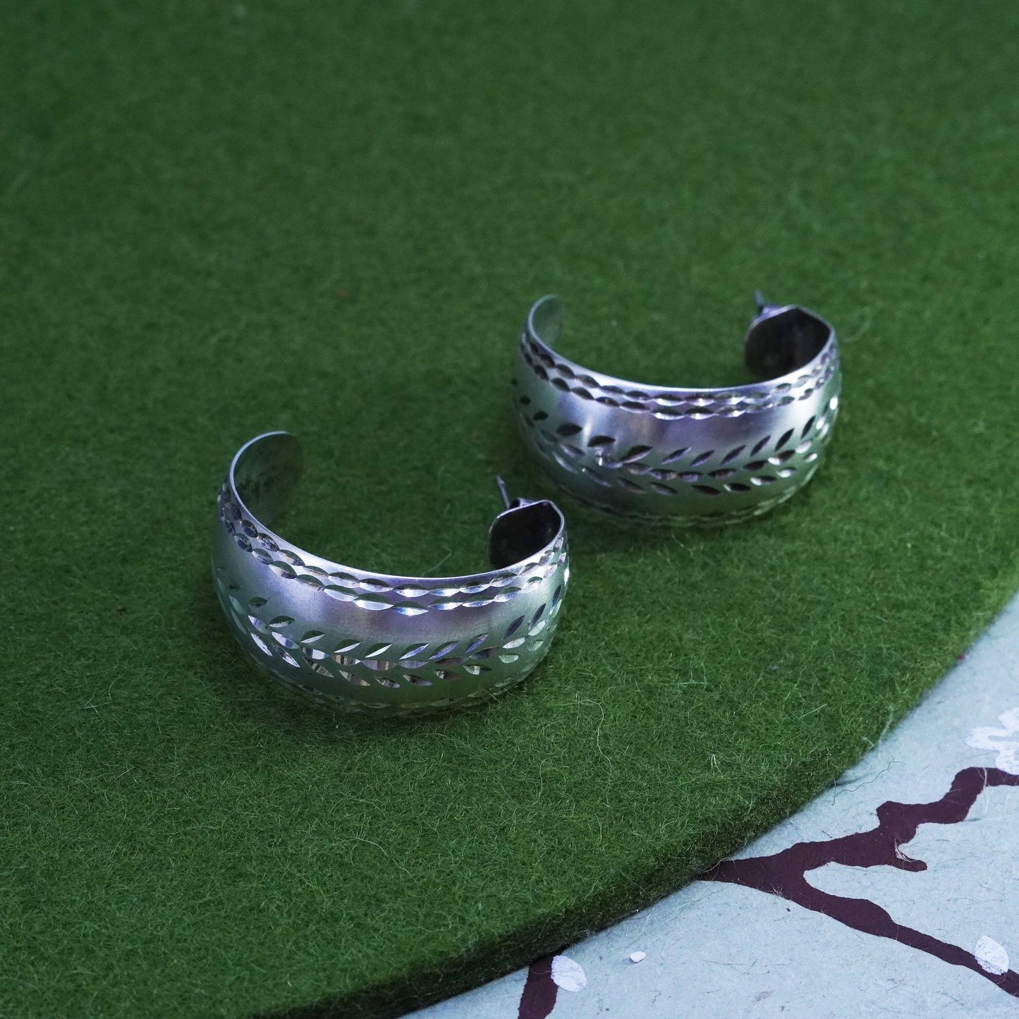 1.25”, Vintage sterling silver handmade earrings, textured wide Huggie hoops