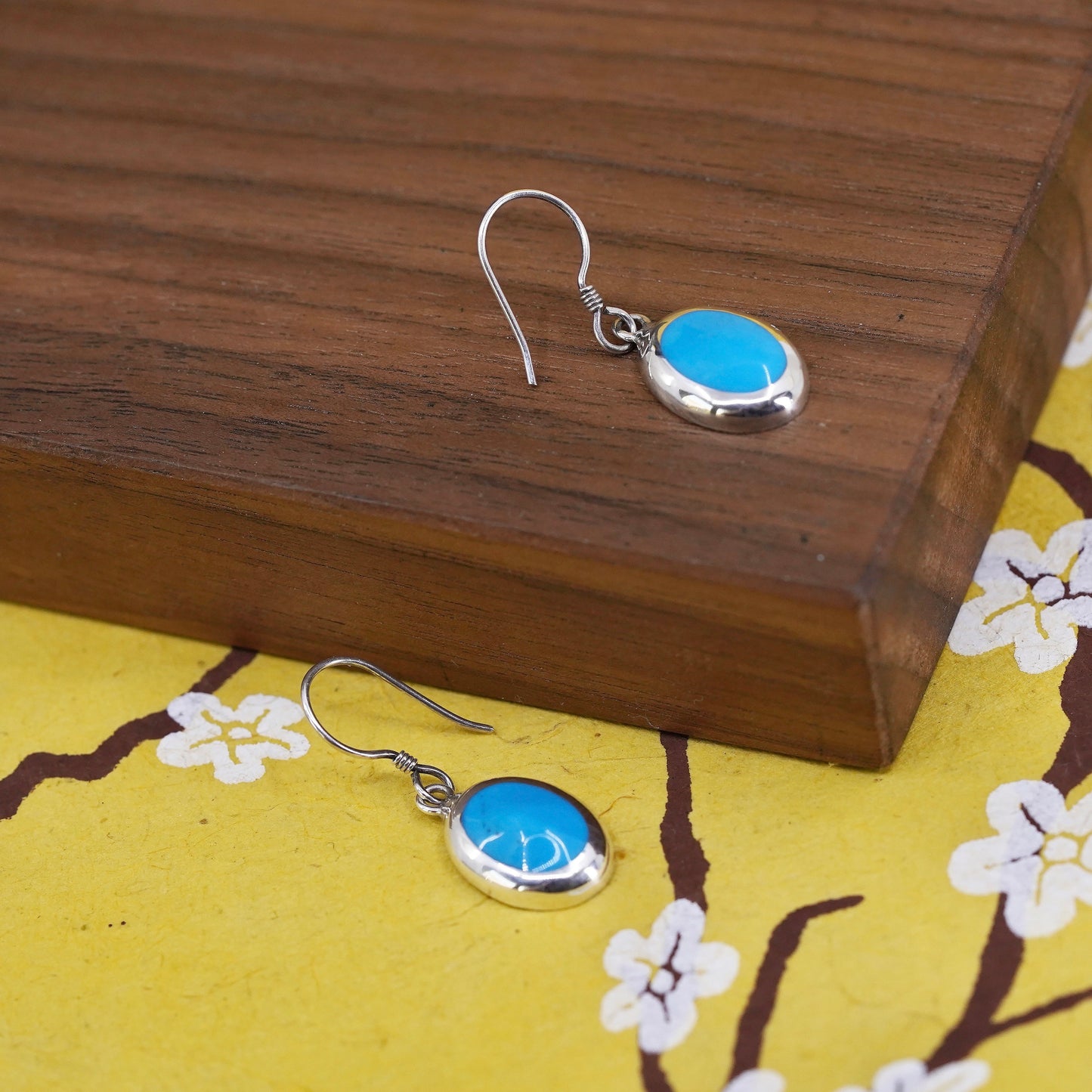 Vintage Sterling 925 silver handmade earrings with oval blue onyx inlay