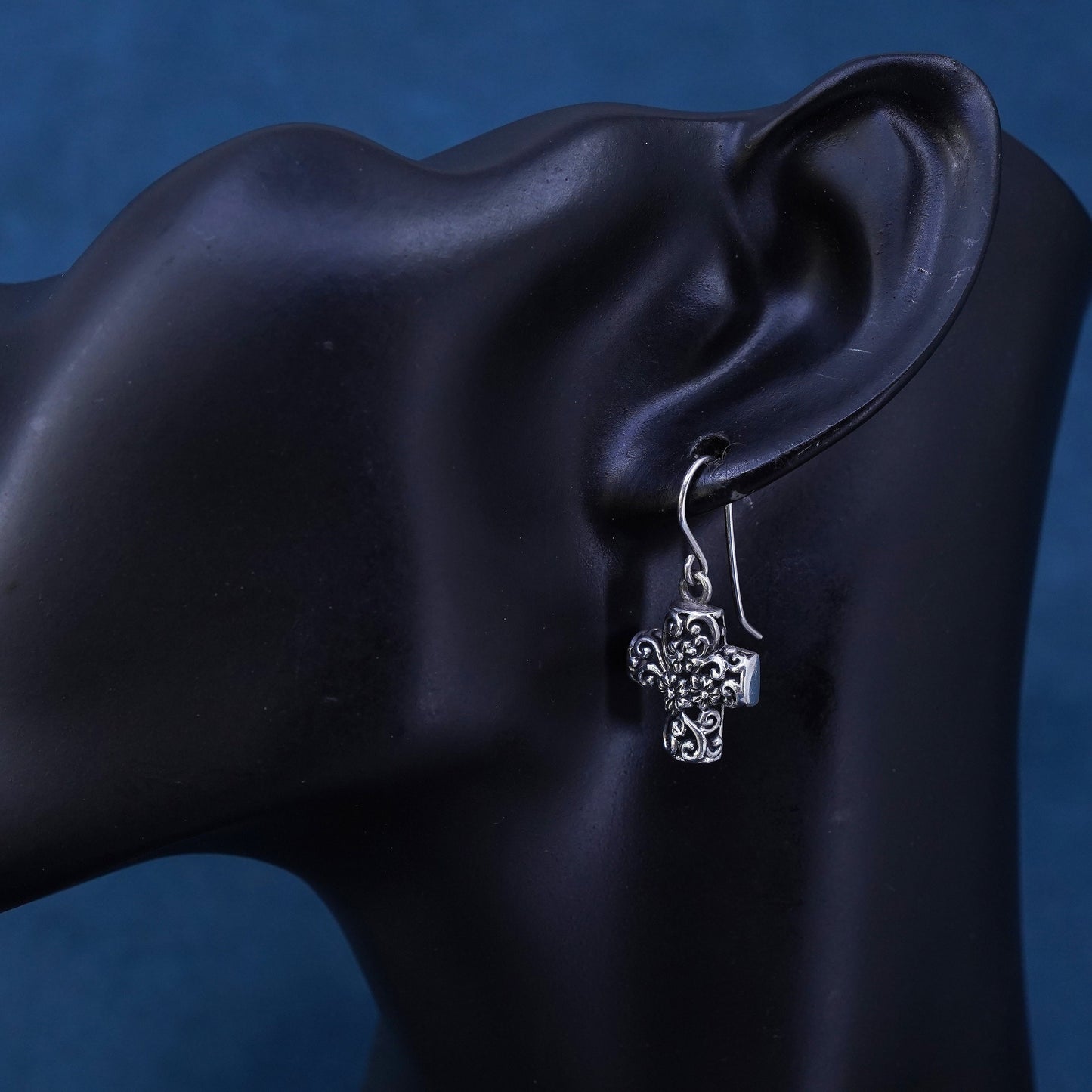 Vintage Sterling silver handmade earrings, 925 Bali filigree cross drops