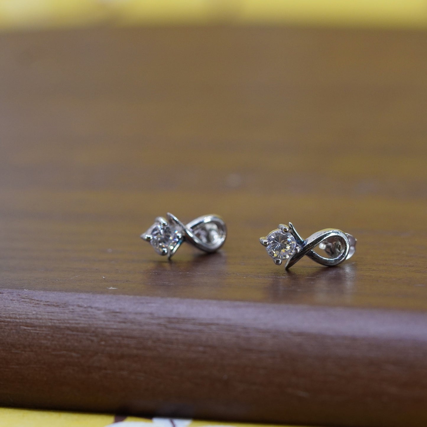 Vintage Sterling silver ribbon bow studs, cz earrings