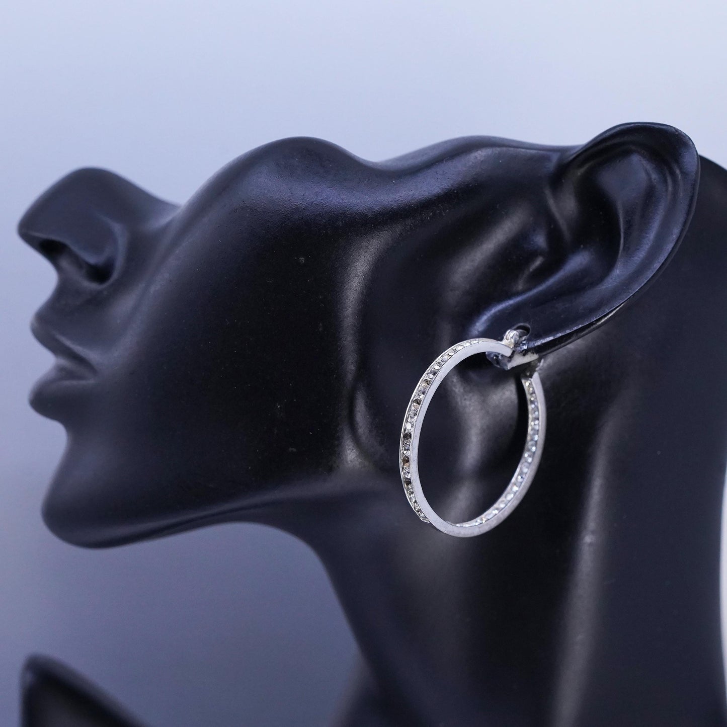 1.5", MISSING CZ vintage Sterling silver earrings, 925 hoops with cluster cz