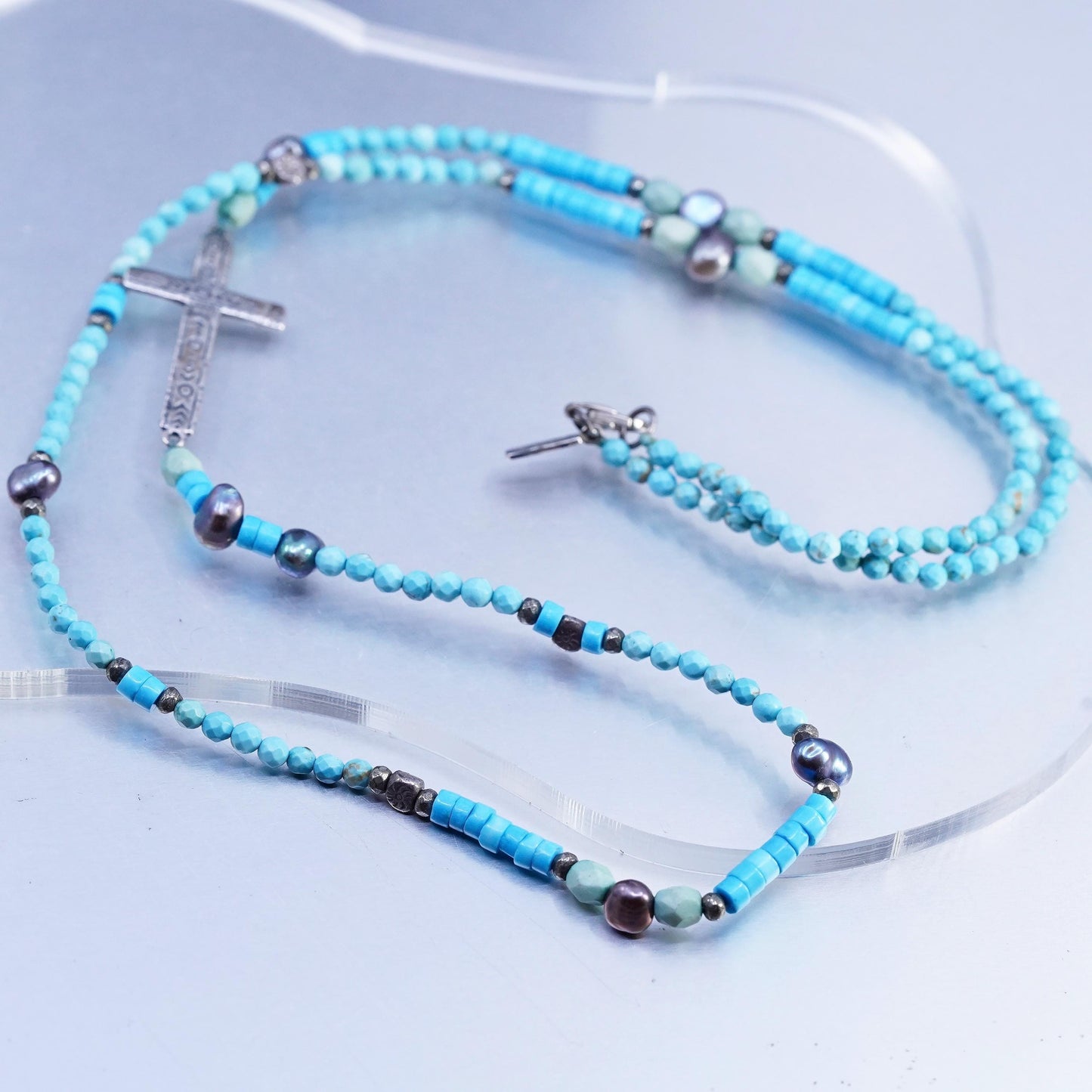 28", Silpada N3028 925 Sterling Silvr Howlite Pearl Pyrite Ideal Cross Necklace
