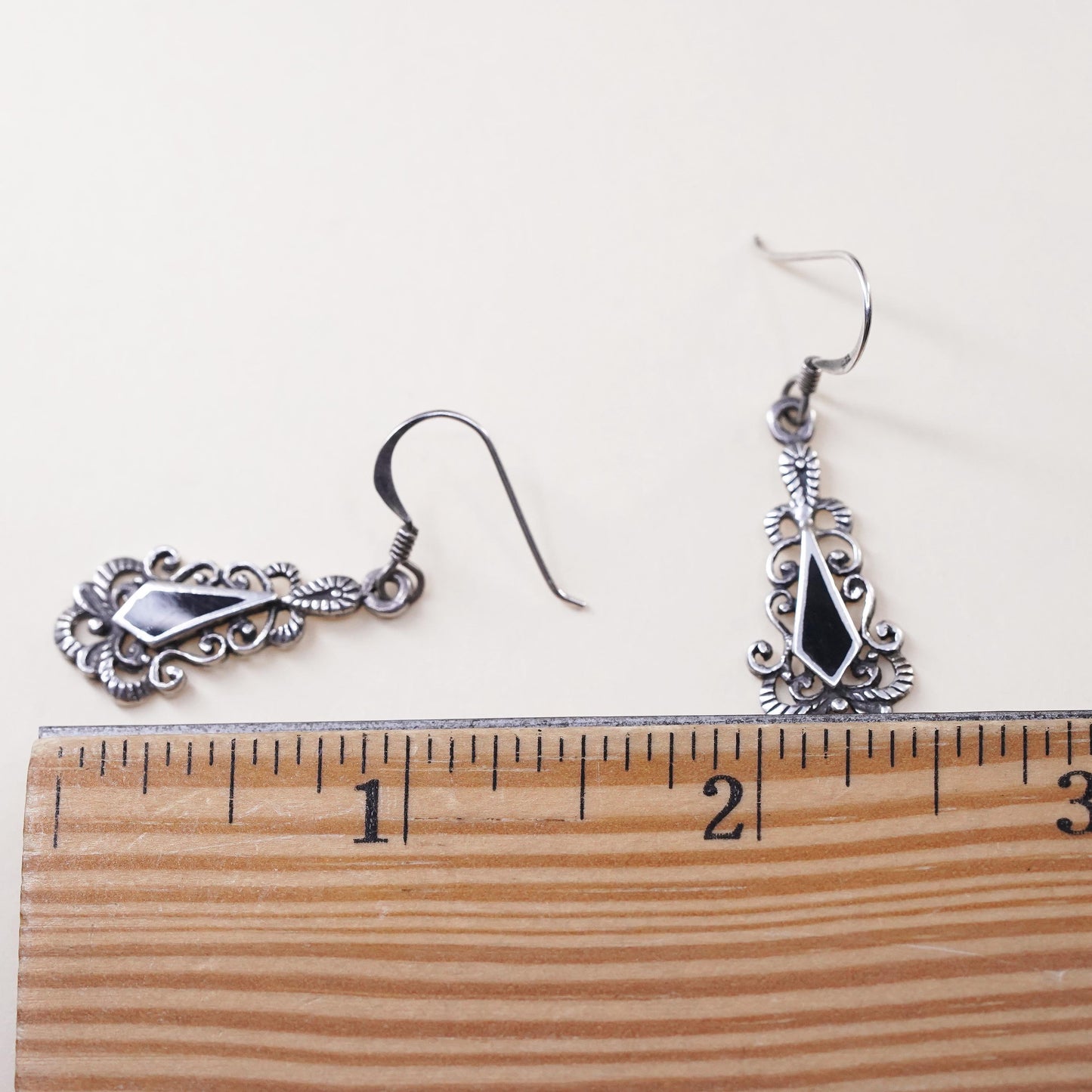 VTG sterling 925 silver earrings, teardrop black onyx, handmade southwestern