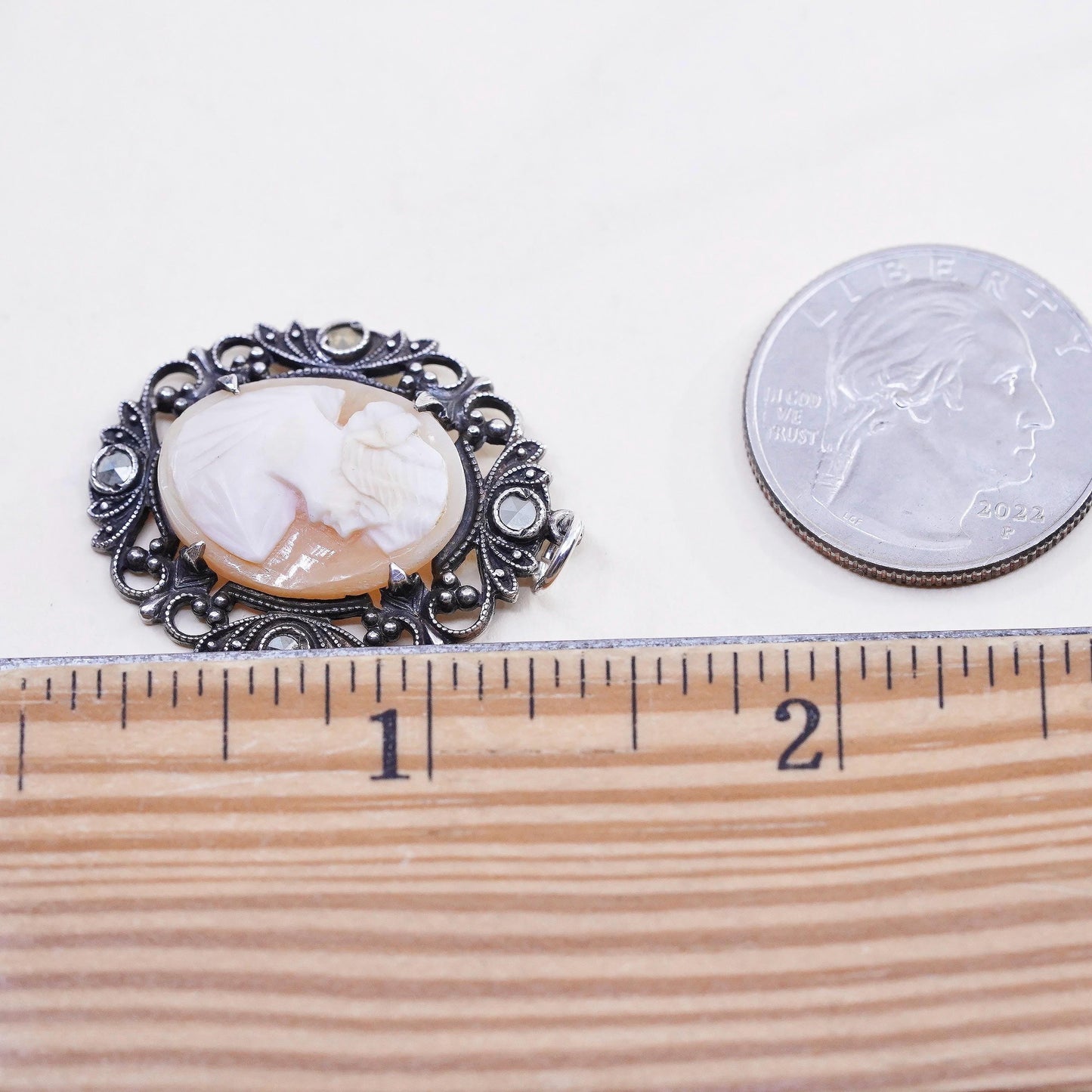 VTG Sterling 925 silver pendant mother of pearl cameo lady cluster marcasites