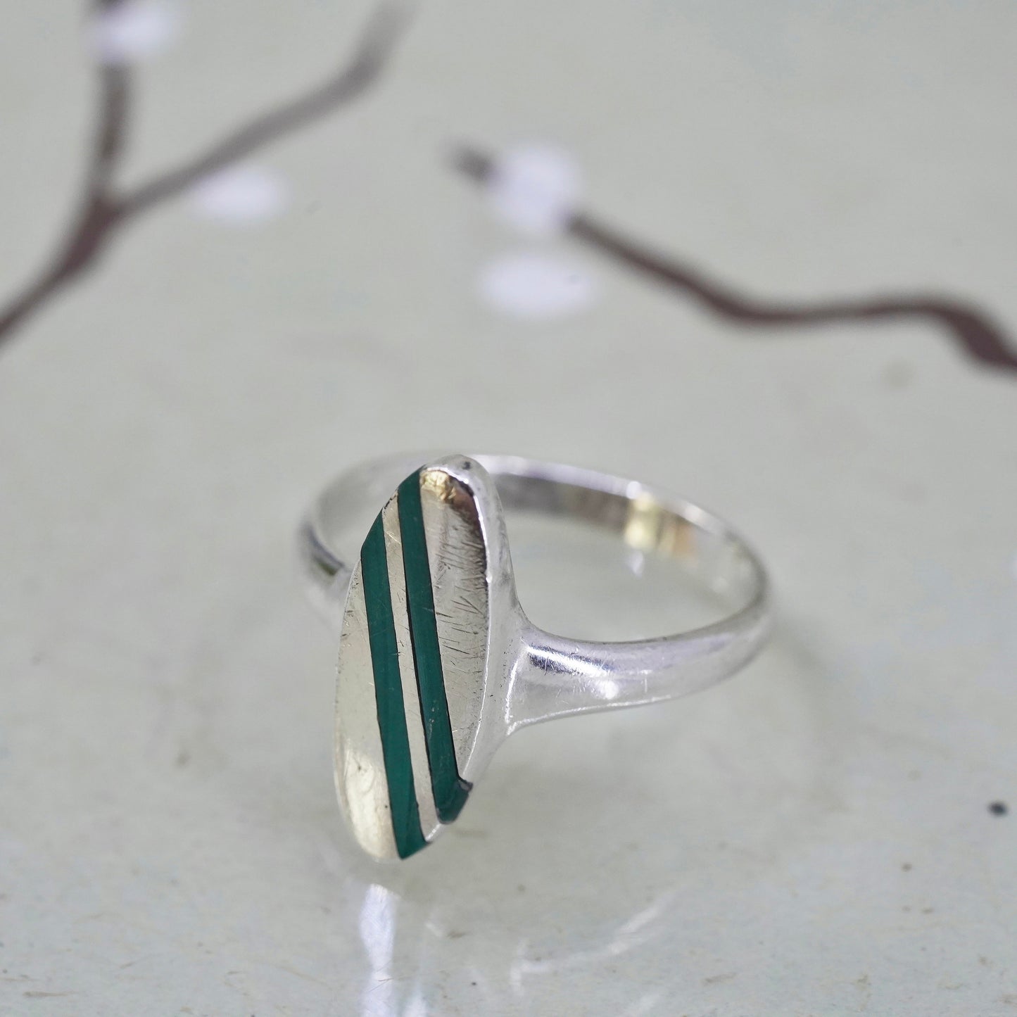 Size 7.75, Sterling silver ring, geometric 925 silver with malachite inlay
