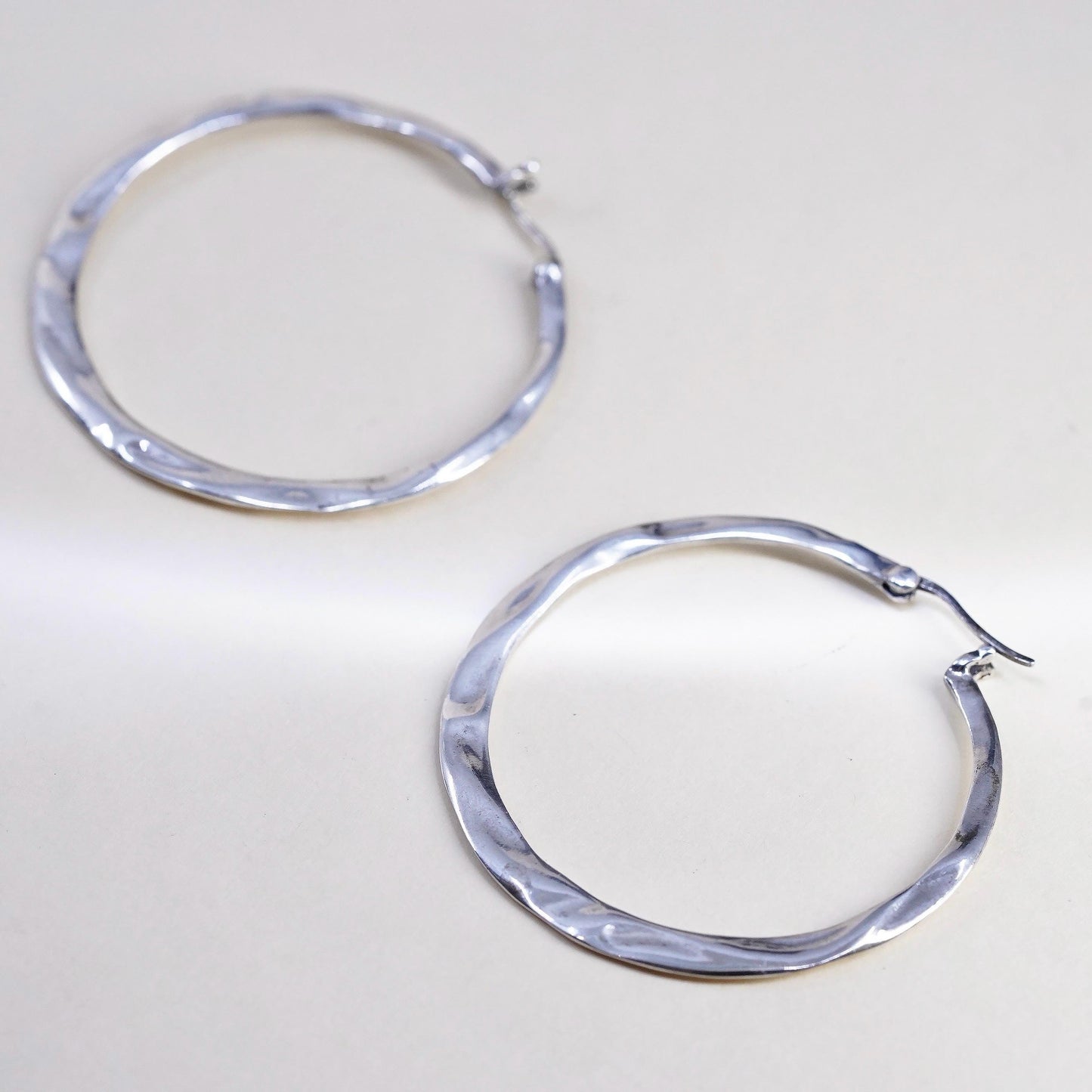 1.75", Vintage Huge 925 sterling silver loop earrings, flatten textured hoops