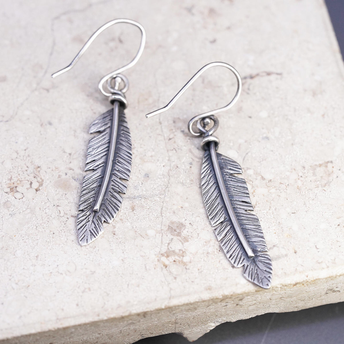 Native American southwestern sterling silver earrings, 925 feather drops
