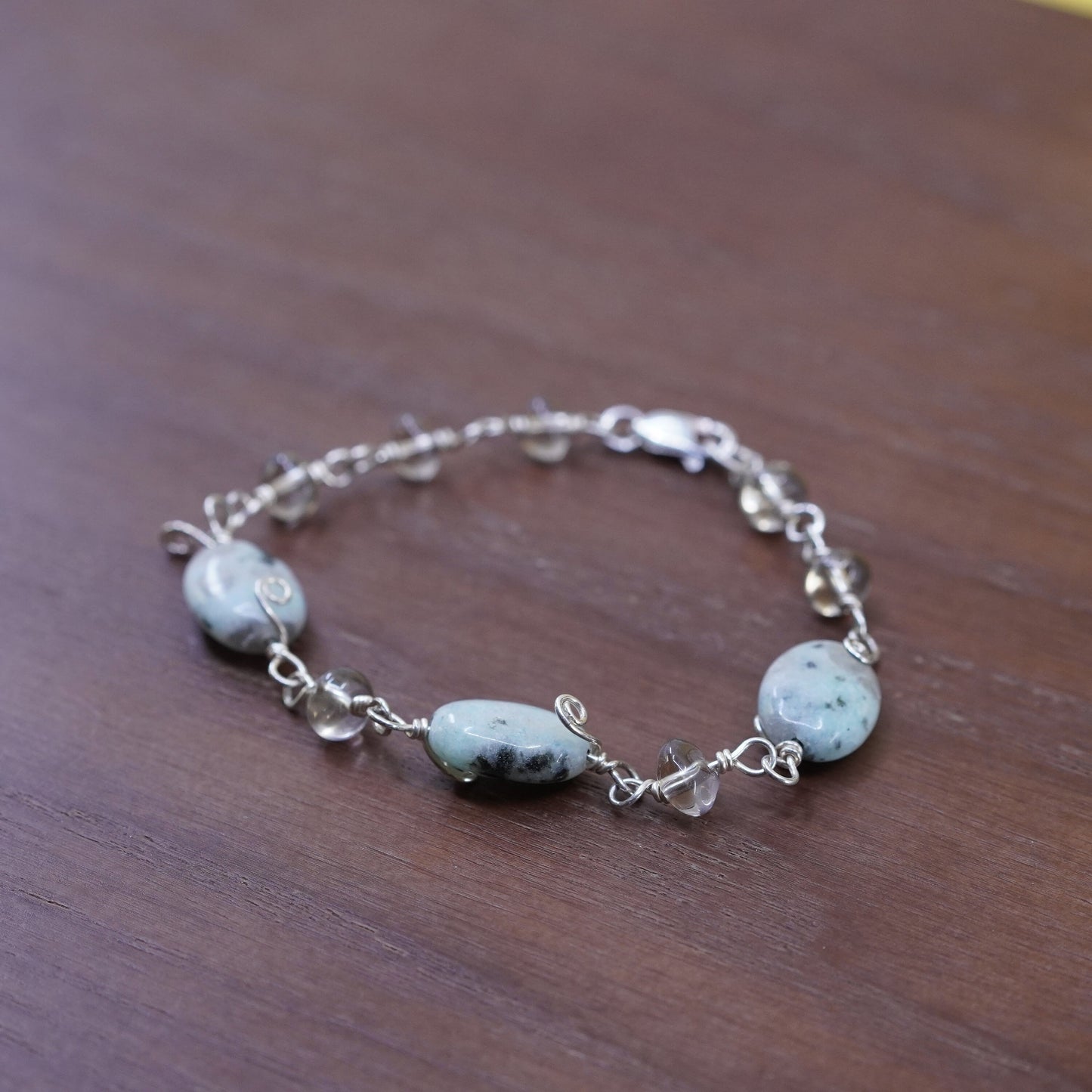 5.75”, Vintage Sterling 925 silver handmade bracelet w/ Jasper nuggets bracelet