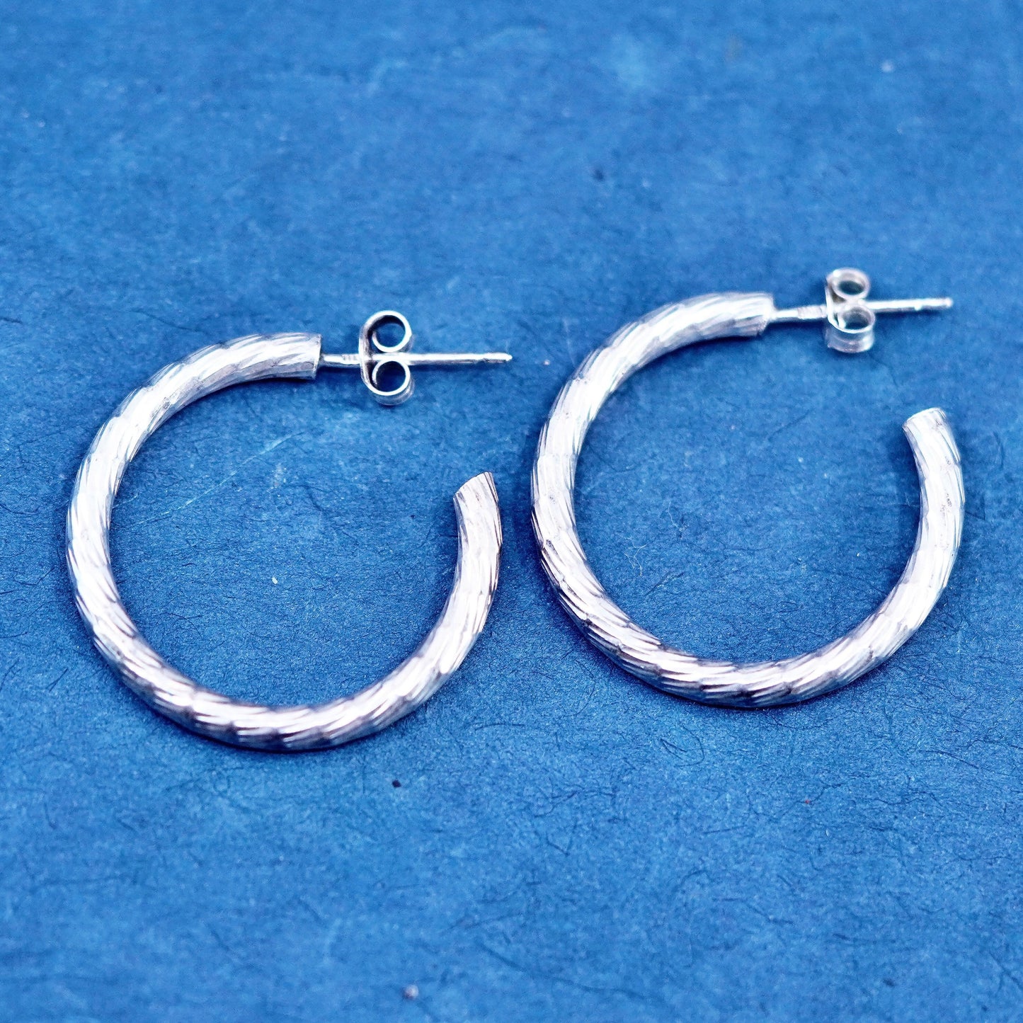1”, vintage Sterling silver handmade earrings, textured 925 hoops, huggie