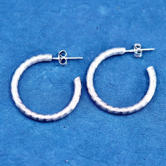 1”, vintage Sterling silver handmade earrings, textured 925 hoops, huggie