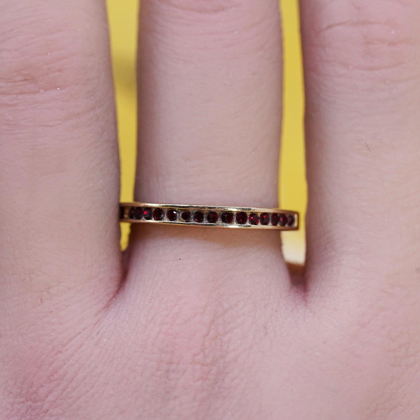 Size 7.75, vermeil gold over Sterling silver ring, 925 stackable band red cz