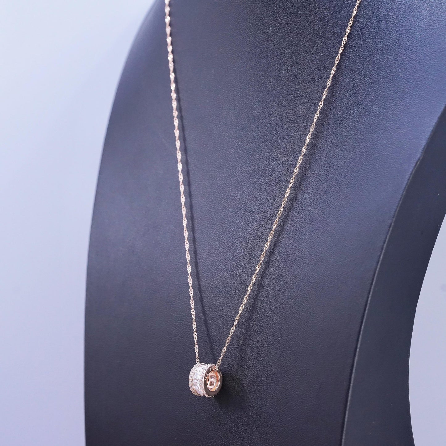 17+2", Rose gold Sterling silver necklace, 925 twisted chain cz wheel pendant