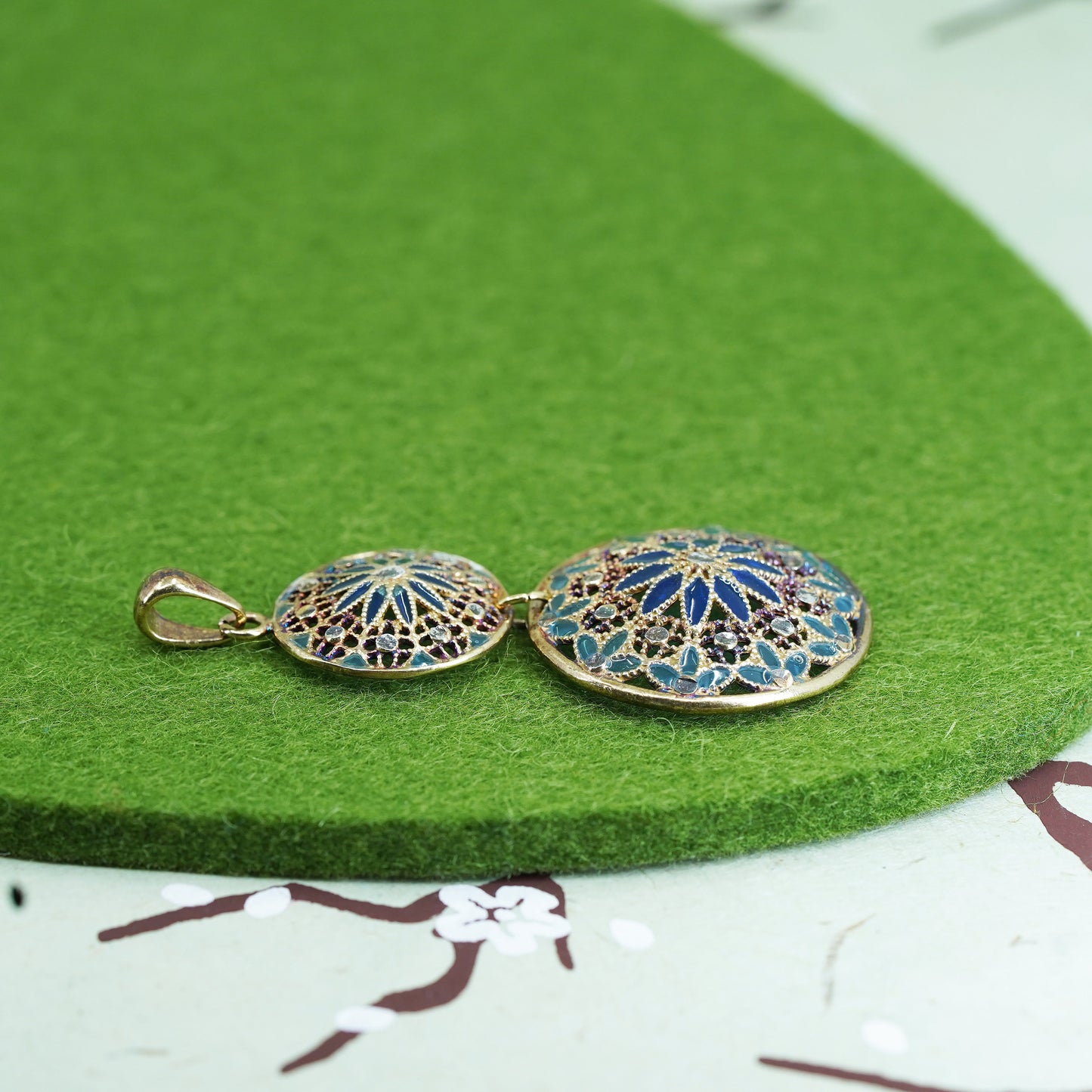 Italian Vermeil gold over Sterling silver pendant, 925 Filigree circle enamel