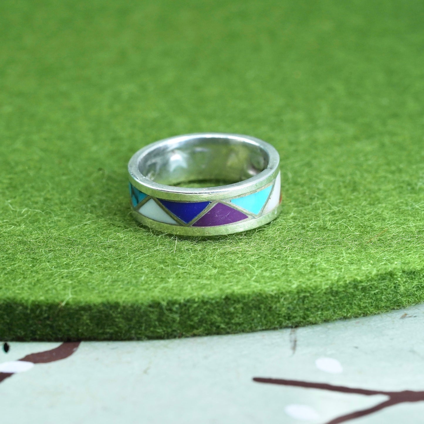 Size 5.75, Sterling silver handmade ring 925 zig zag band turquoise coral inlay