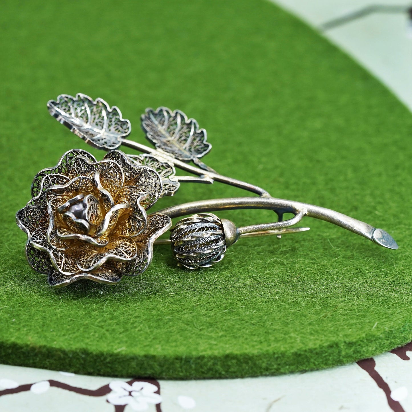 1960s 925 Sterling Silver Gold Plated VTG Portugal Filigree Floral Pin Brooch,