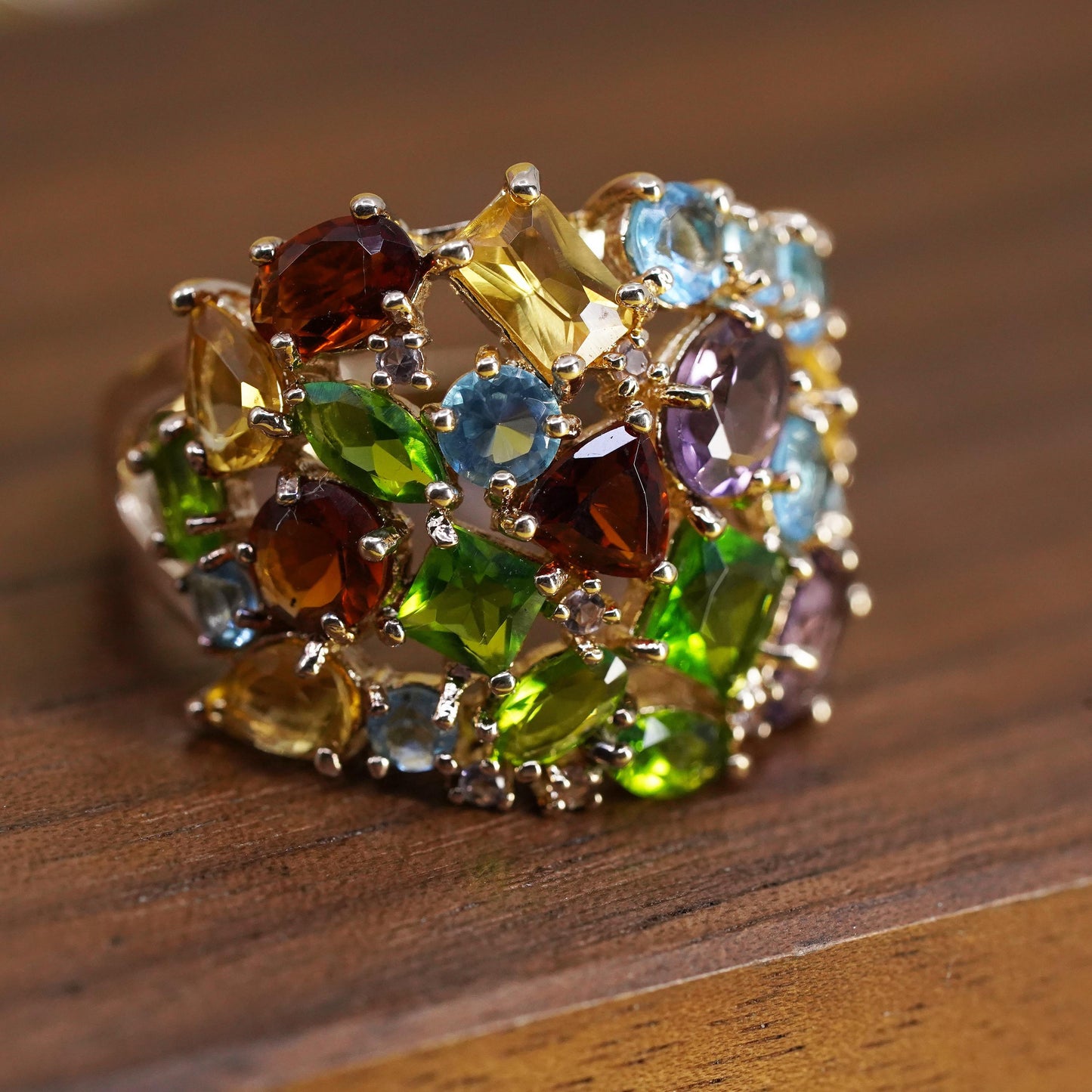 Size 9.75, yellow gold plated Sterling 925 silver ring citrine ruby peridot