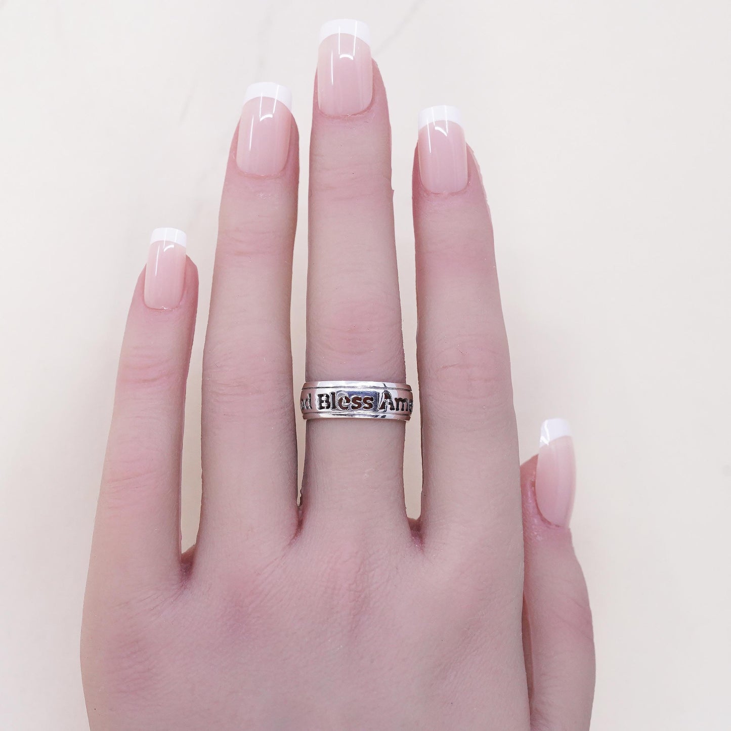 Size 7, VTG 925 Sterling Silver God Bless America Ring | Openwork Modern Band