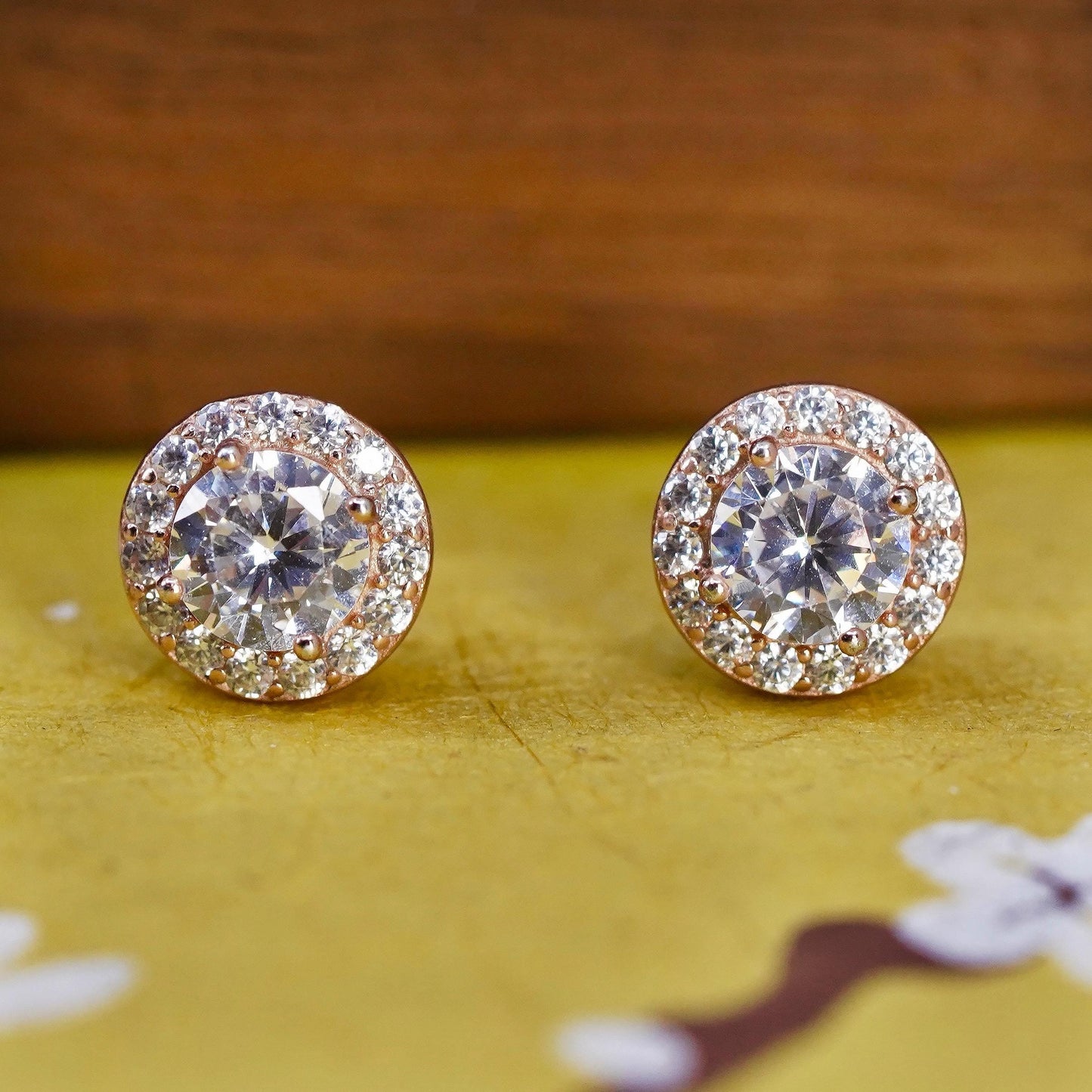 Vintage rose gold over Sterling 925 silver cluster round Cz studs, earrings