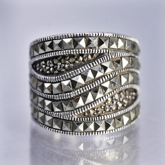 Size 6.5, vintage Sterling 925 silver wavy wide band ring w/ cluster marcasites