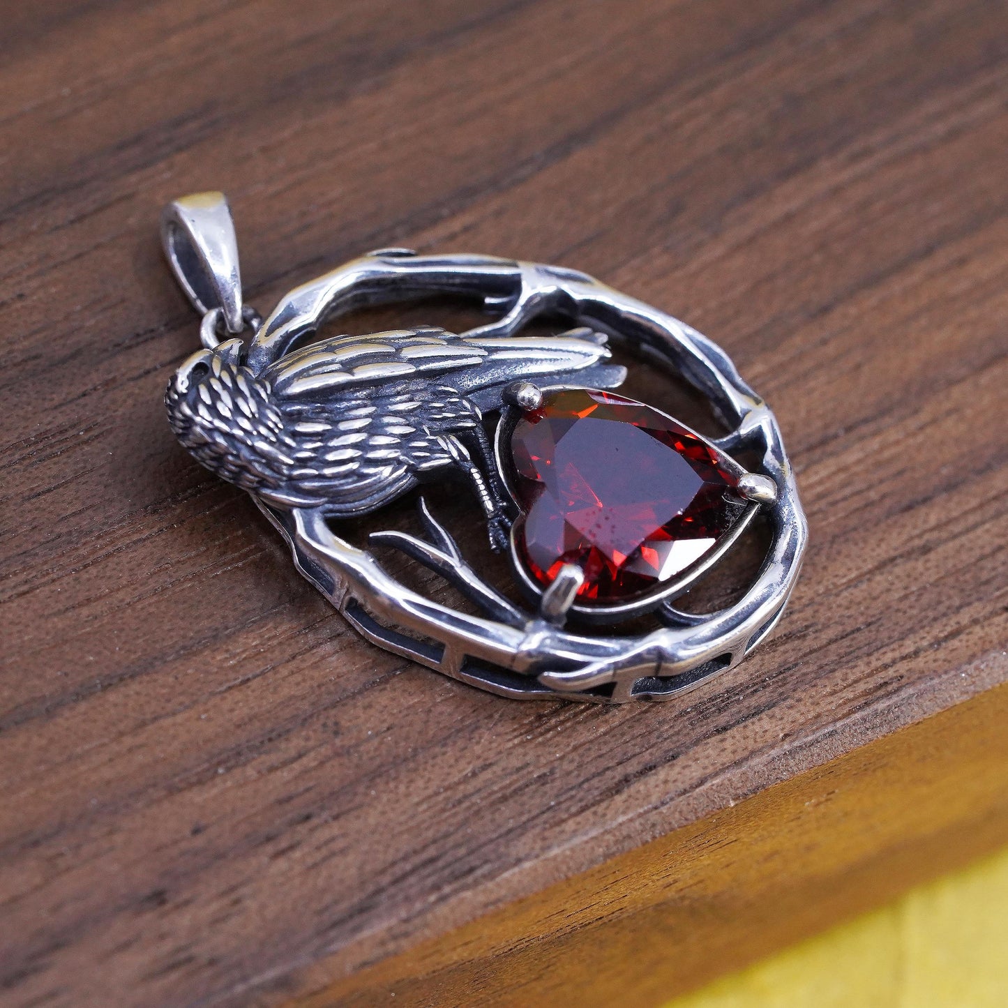 Garnet Heart Raven Pendant, Sterling Silver 925 Crow Bird Oval, Red 925 Jewelry