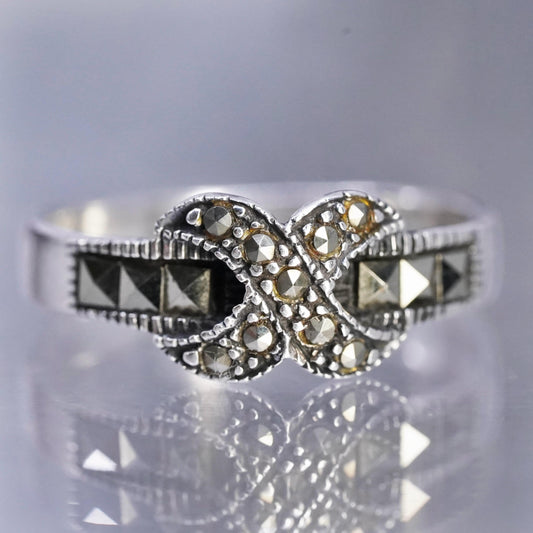 Size 7, vintage Sterling 925 silver handmade X band ring with marcasite
