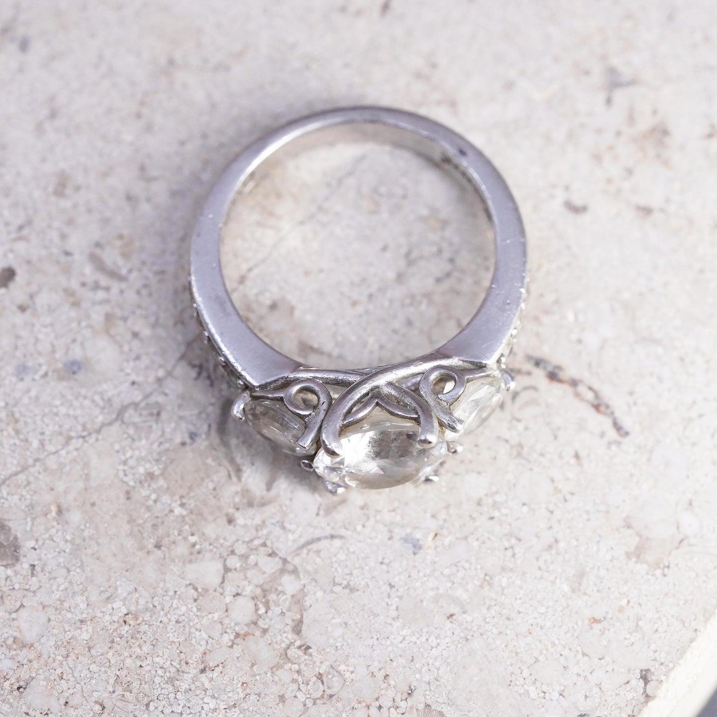 Size 6, vintage Sterling 925 silver engagement ring with cluster Cz around