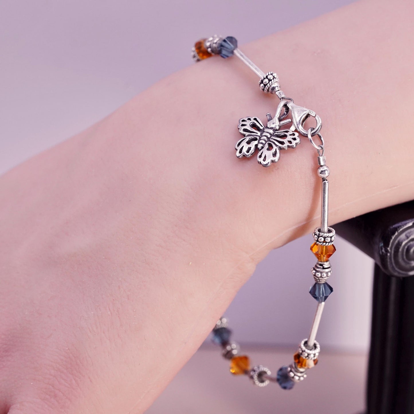 8.5”, Vintage sterling 925 silver bracelet with crystal beads butterfly charm