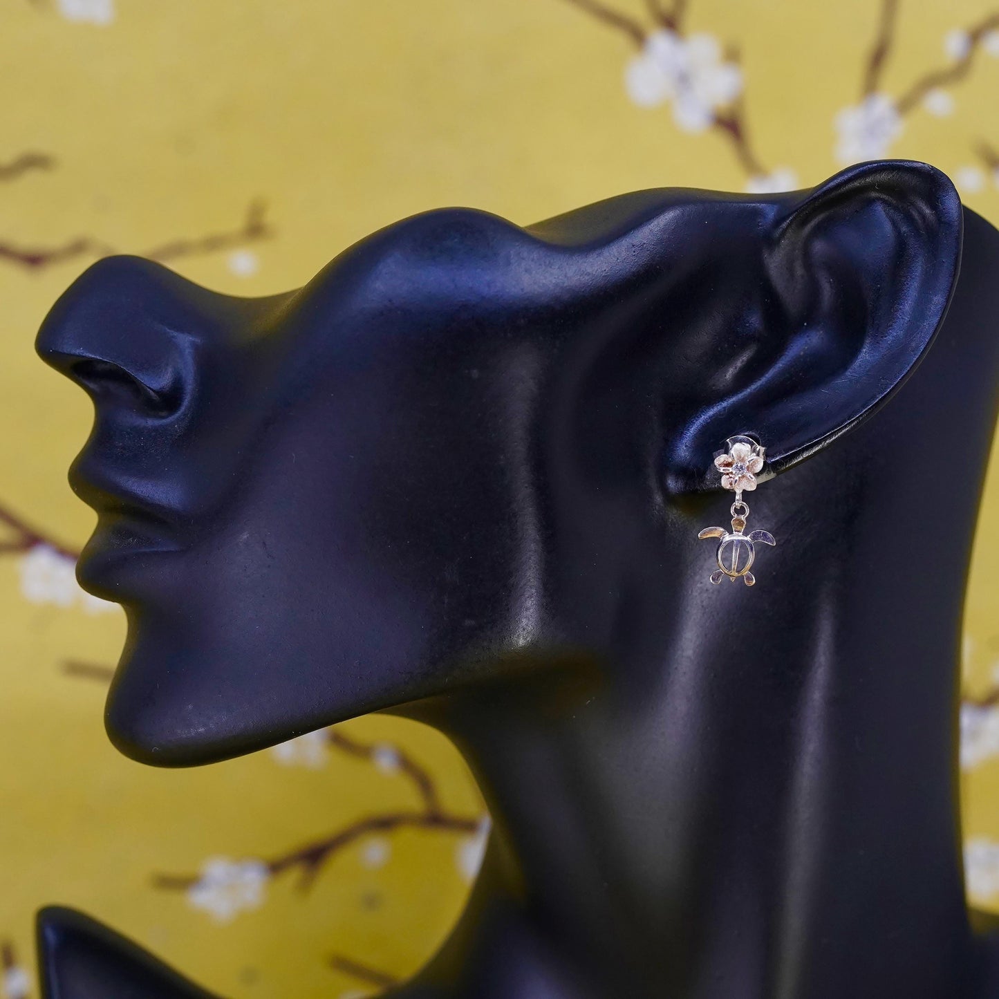 Vintage Sterling silver earrings, 925 plumeria flower studs with turtle dangles