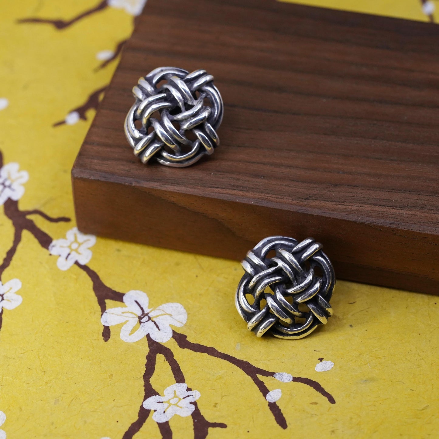 Vintage Sterling silver handmade earrings, 925 woven braided square studs
