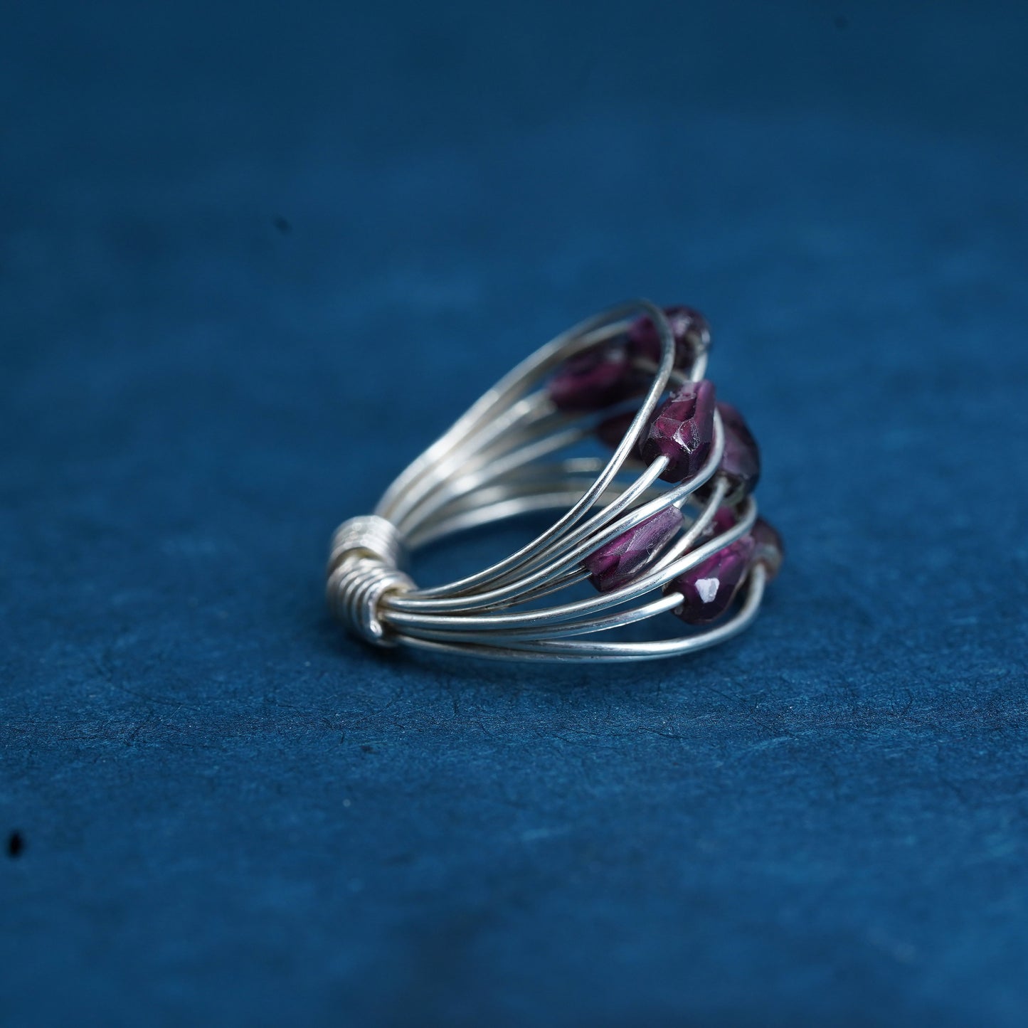 Size 5.5, vintage sterling silver handmade ring, 925 wired ring with ruby beads