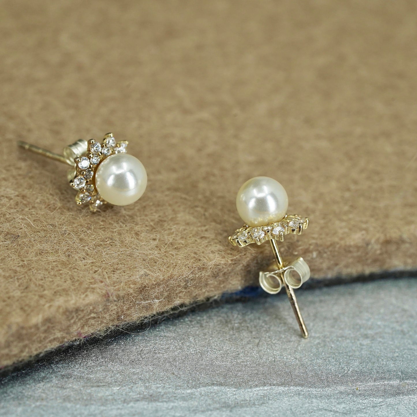 Vintage Sterling 925 silver handmade earrings, studs with pearl and cz