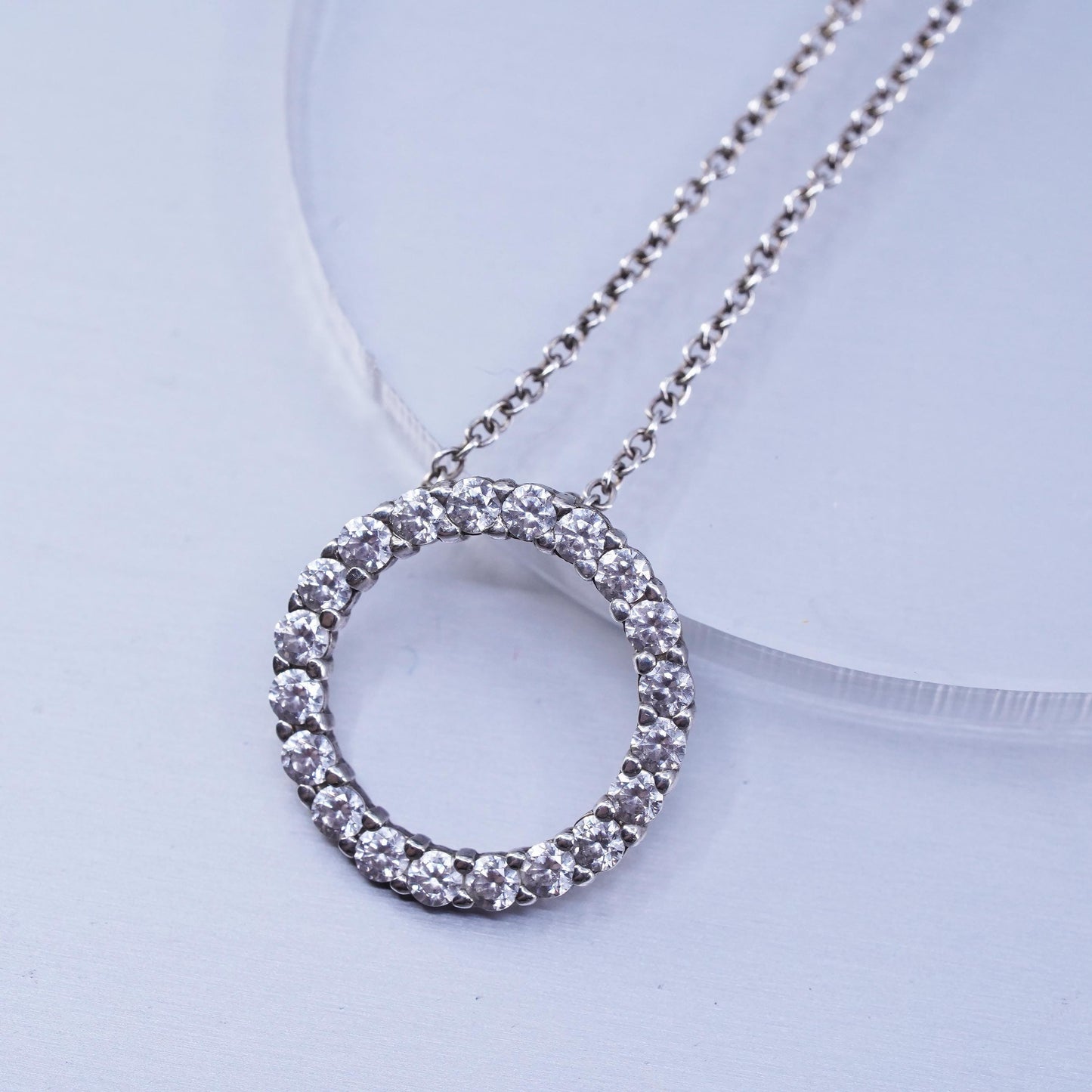 16+2”, vintage Sterling 925 silver circle necklace with cz circle beat pendant