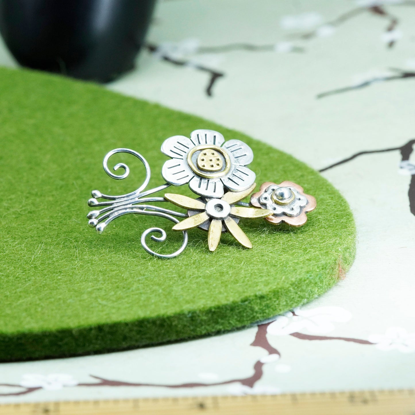 triple tone Sterling silver handmade brooch, 925 flower pin with brass brass