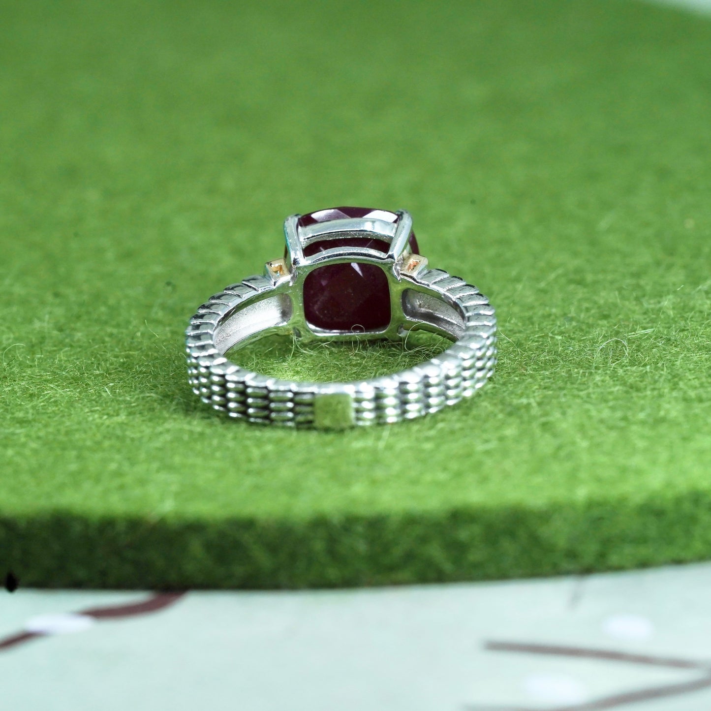 Size 7.25, vtg 14K gold accent with sterling 925 silver ring with ruby diamond