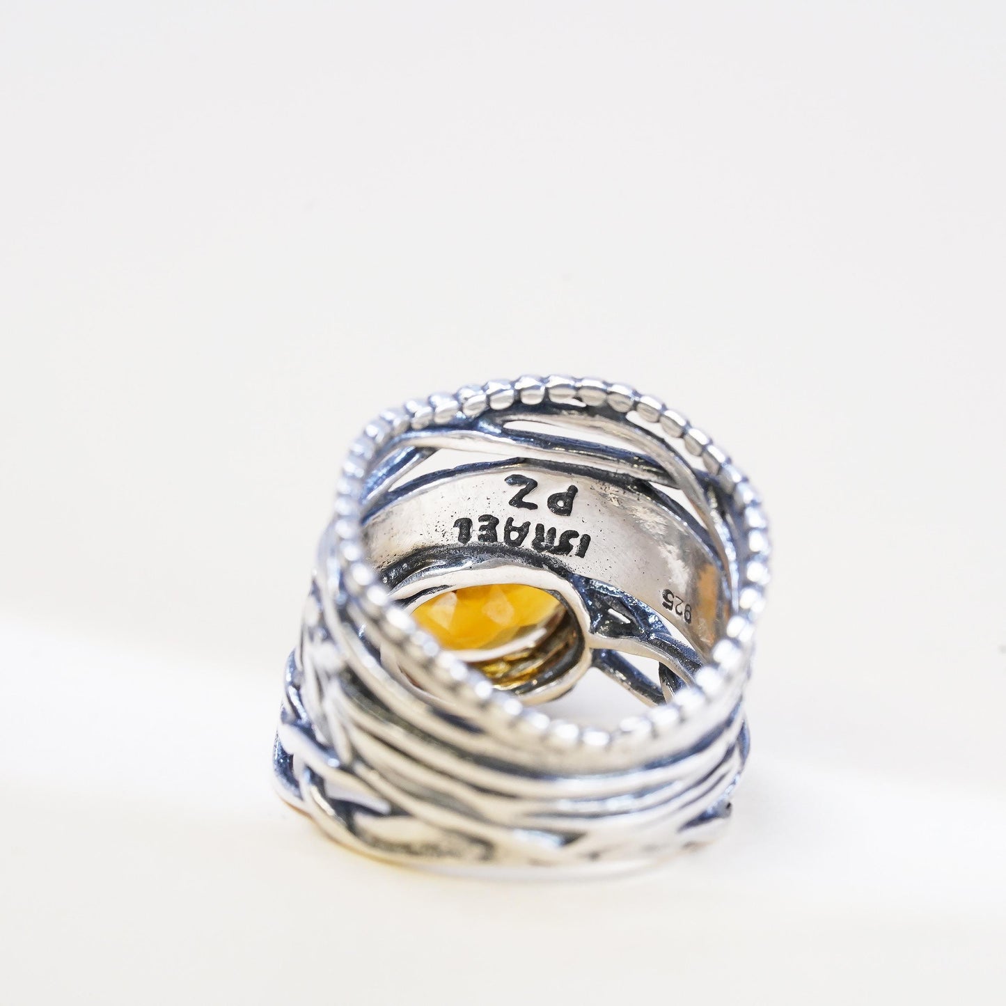 Size 6, VTG Israel PZ Israel Sterling Silver Oval Citrine Ring, Leaf Vine Band