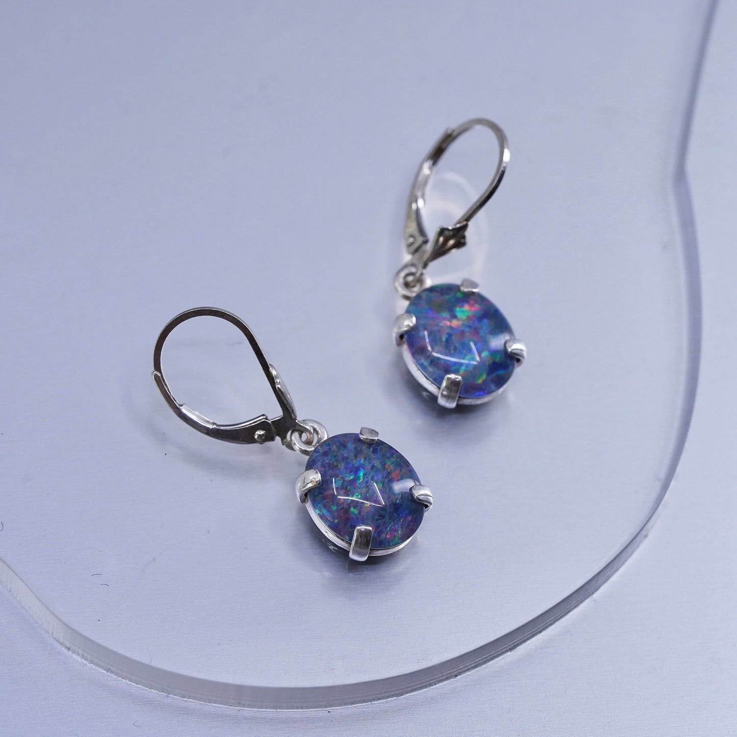 Vintage southwestern Sterling silver handmade earrings, 925 oval dangles opal