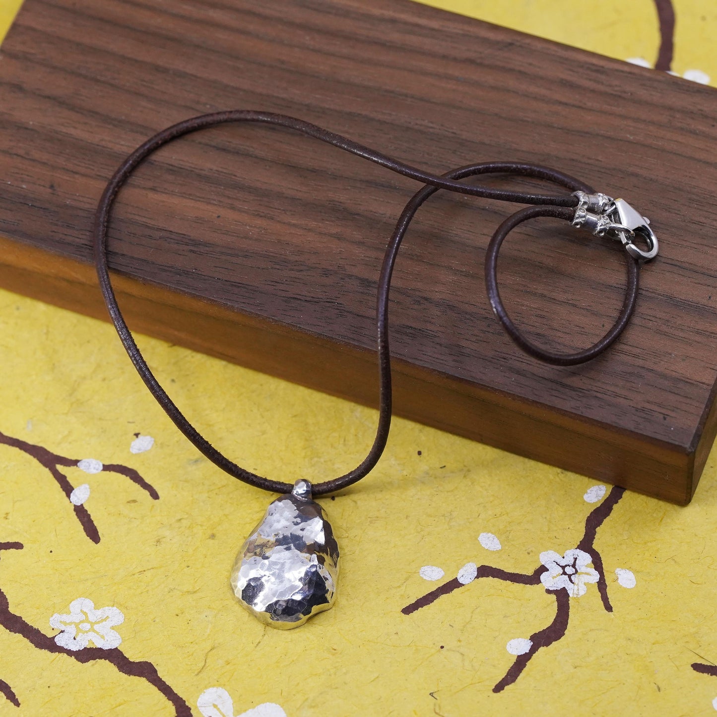 16”, Silpada leather necklace, brown leather choker with 925 teardrop pendant