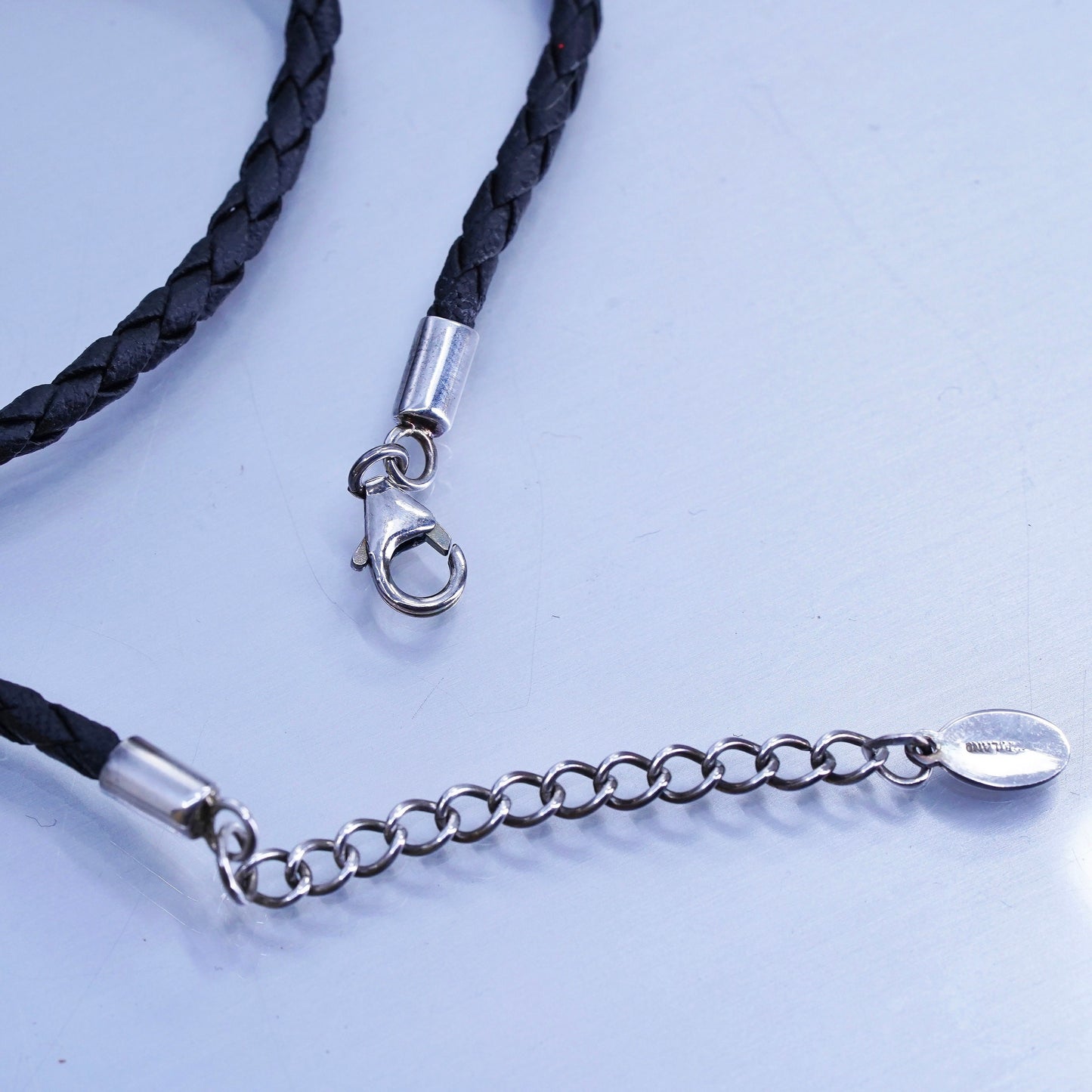 16+2”, vintage 925 Sterling Silver Handmade woven black leather Necklace
