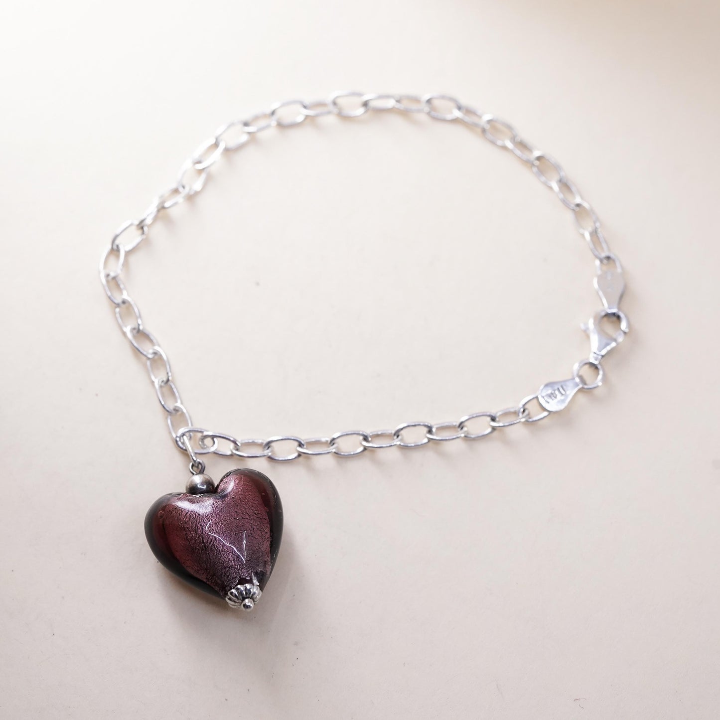 7.25" 3mm, Vintage sterling silver oval link chain with glass heart charm