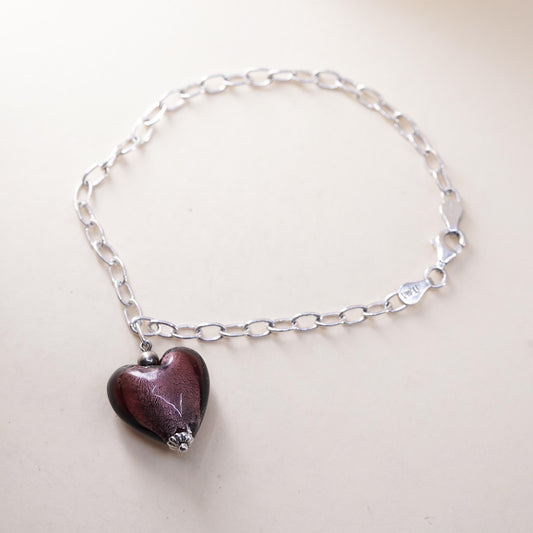 7.25" 3mm, Vintage sterling silver oval link chain with glass heart charm
