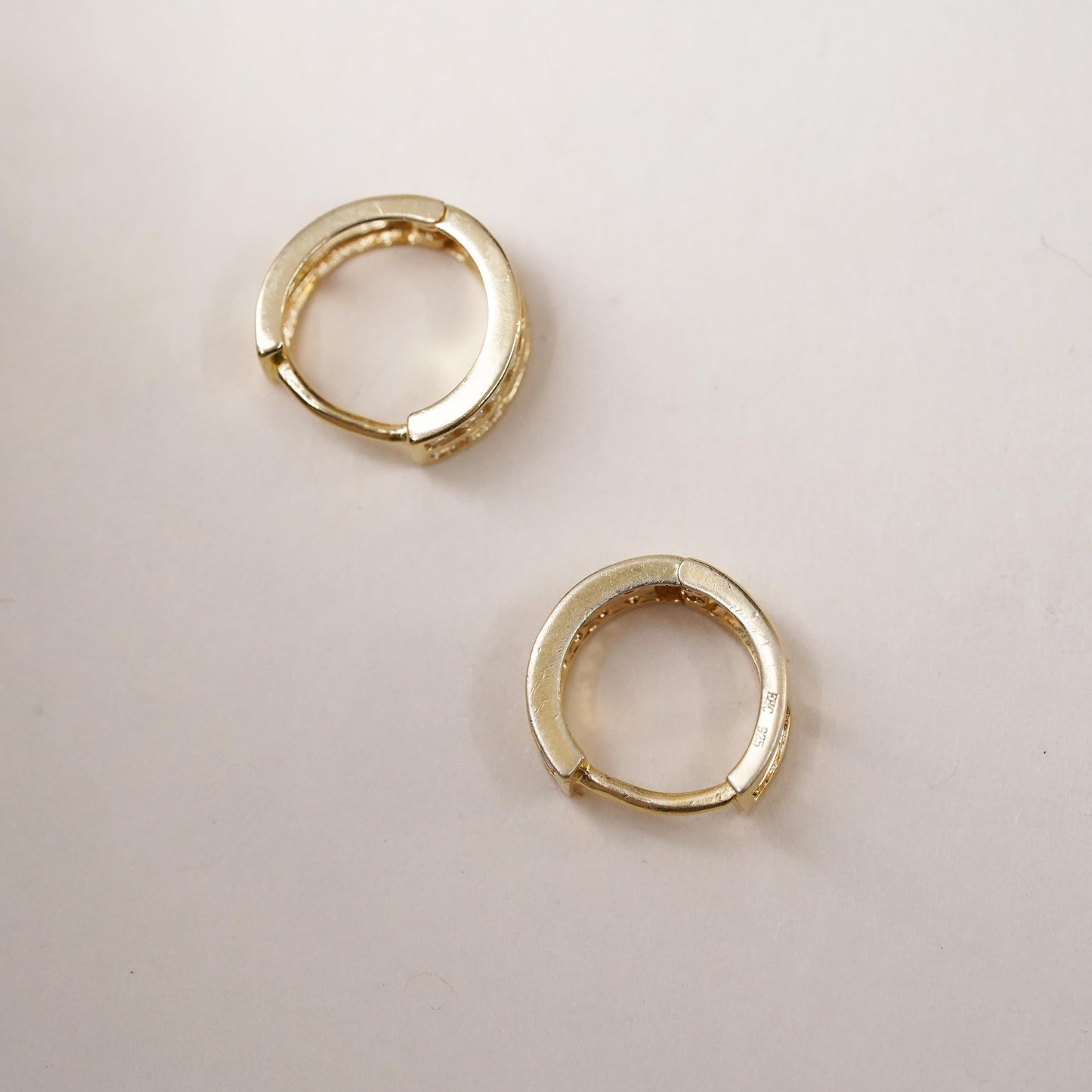 0.5”, Vintage vermeil gold over sterling silver earrings, 925 hoops, huggie cz