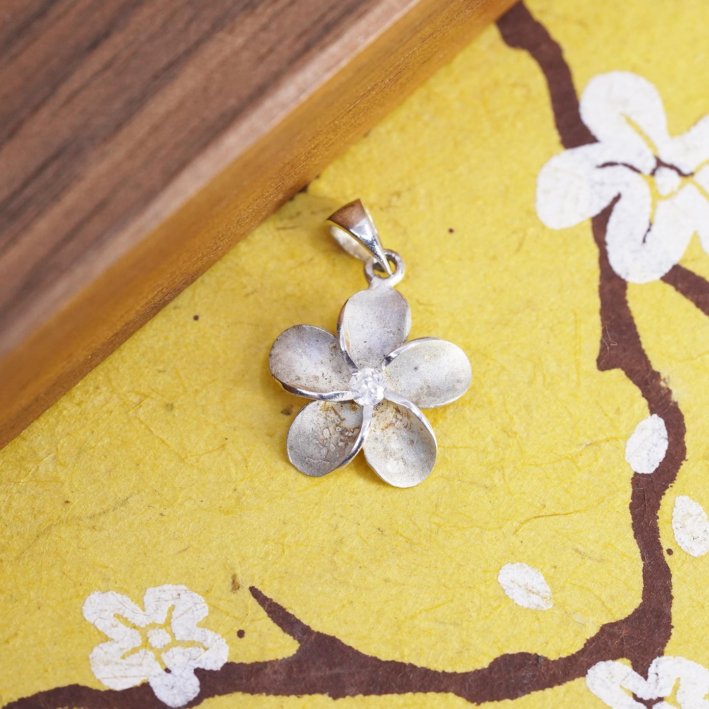 Vintage Sterling 925 silver handmade plumeria flower pendant and cz