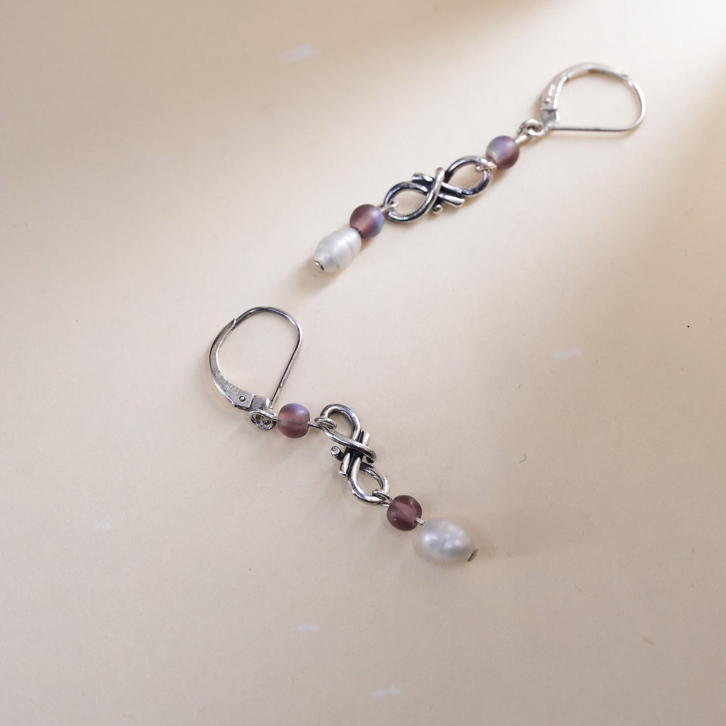 Vintage Sterling silver handmade earrings, 925 hooks with amethyst pearl
