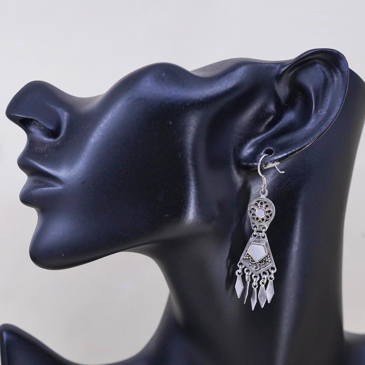 Vintage southwestern 925 Sterling silver earrings mother of pearl inlay fringes