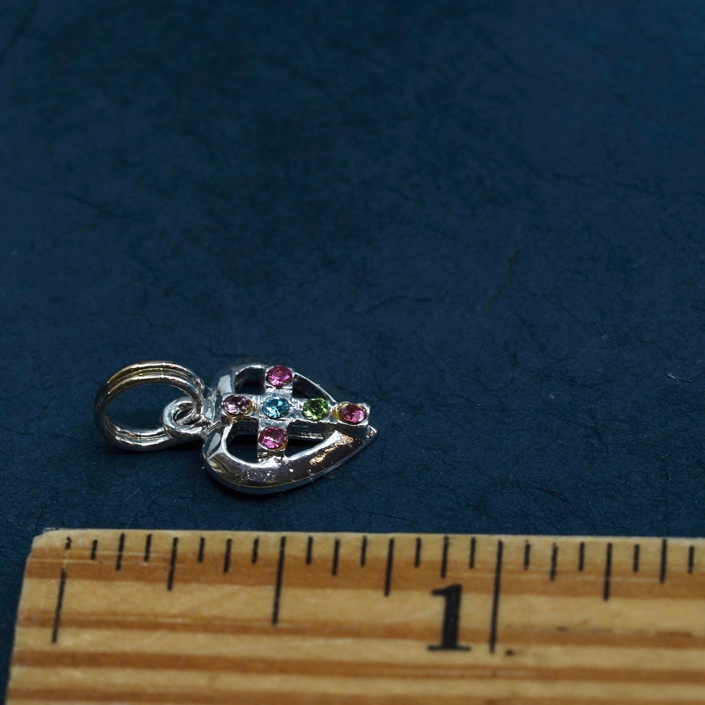Vintage Sterling 925 silver handmade pendant with heart cross cluster crystal
