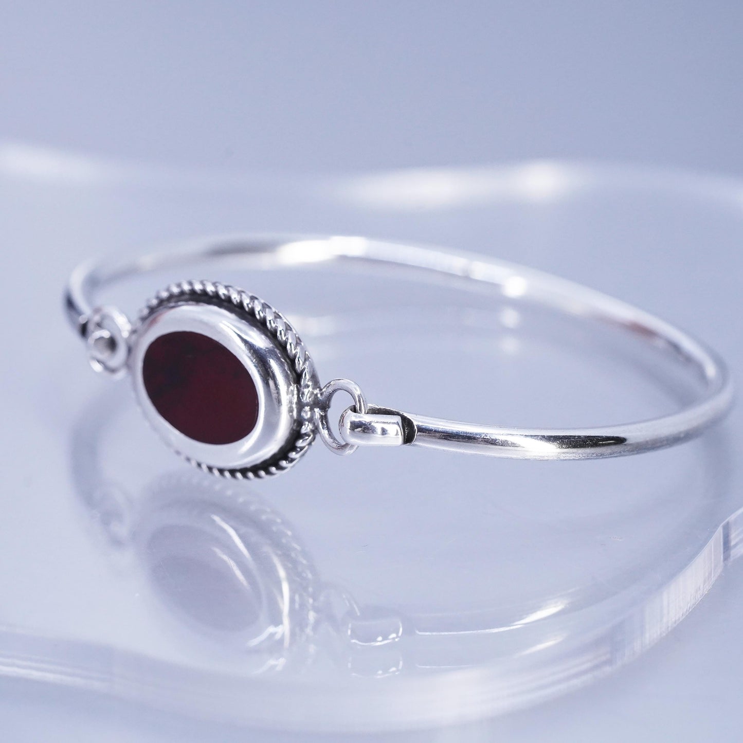 7.25”, Mexican Sterling 925 silver bracelet, hinged bangle with red jasper